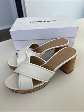Veronica Beard dory coconut white open toe leather sandals cork block heels 9.5